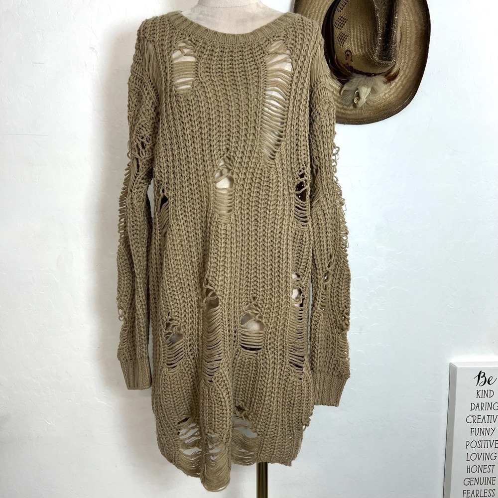 J USA Distressed Open Knit Sweater Dress Tan Beige Oversized Chunky Size M